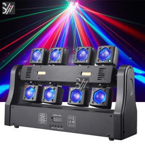 Professional Dj Disco Lights Mini DMX512 Eight-armed 3in1 Strobe Beam Laser Moving Head Beam Light for KTV Bar Wedding Party